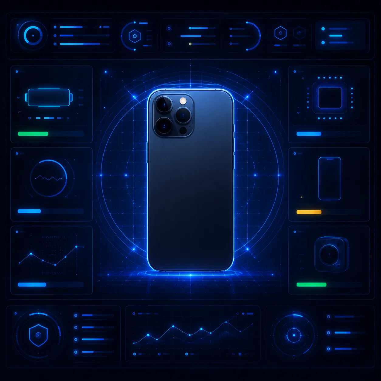 Grading iMportex! — iPhone com HUD de diagnóstico técnico e classificação