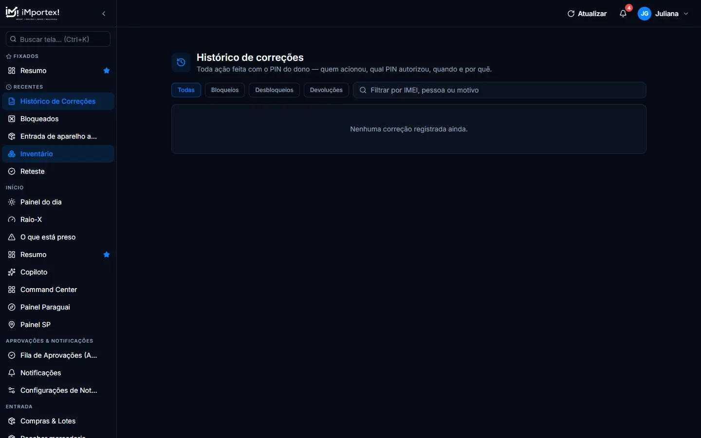 Histórico de correções